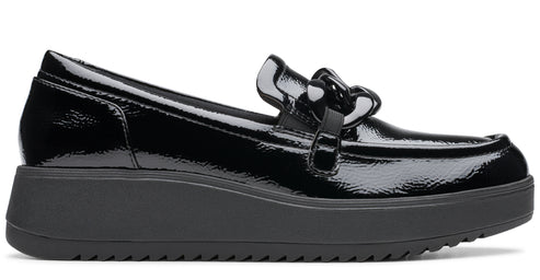 Black patent leather platform loafer with chain detail.