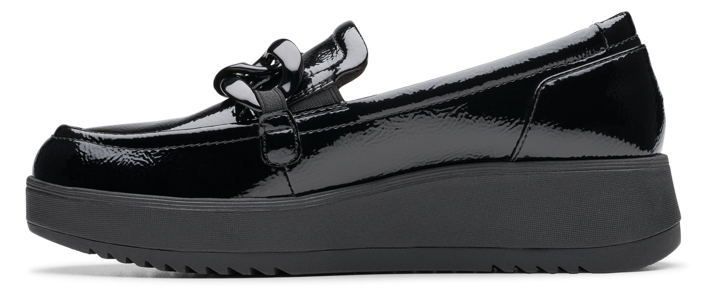 Black patent-leather platform loafer with chain detail.