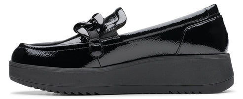 Black patent-leather platform loafer with chain detail.