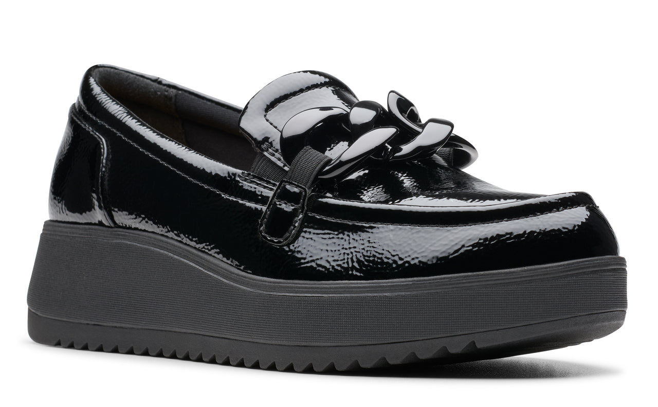 Shiny black platform loafer with decorative black chain detail.