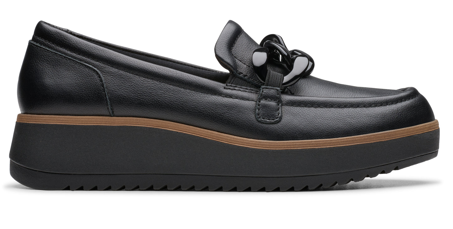 Black loafer with a thick platform sole and chain accent.