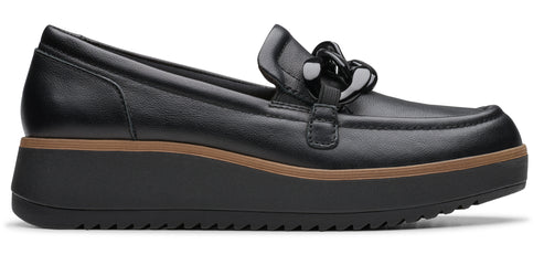 Black loafer with a thick platform sole and chain accent.