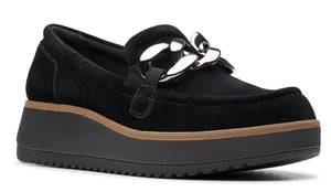 Black suede platform loafer with a silver chain detail.