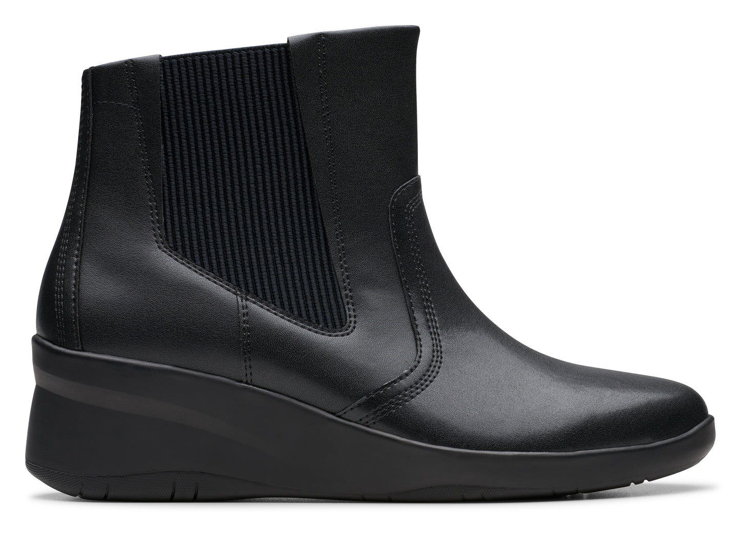 Black leather wedge boot with elastic side panel.