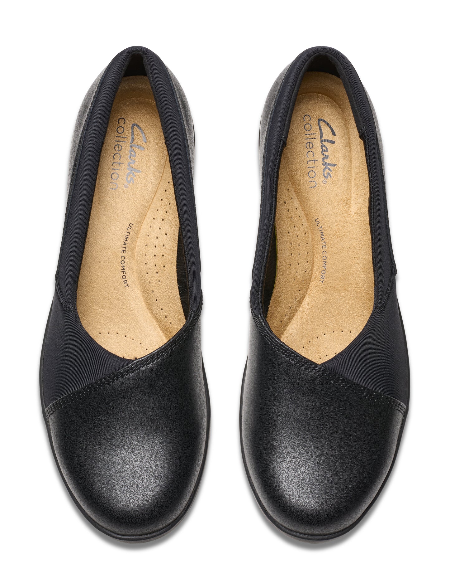 A pair of black leather ballet flats with a visible insole labeled 'Clarks collection ULTIMATE comfort'.