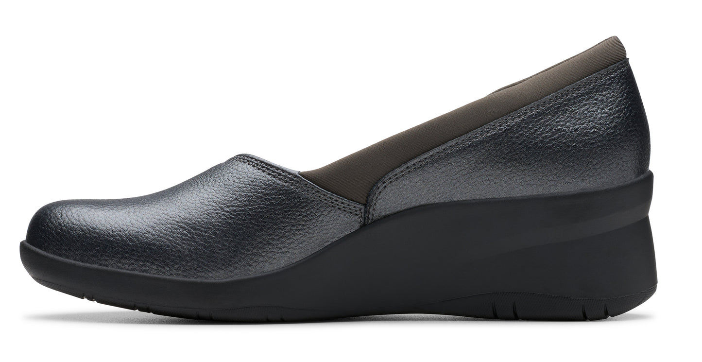 Metallic-gray wedge shoe with a round toe and a dark-gray trim.