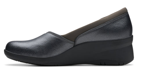 Metallic-gray wedge shoe with a round toe and a dark-gray trim.