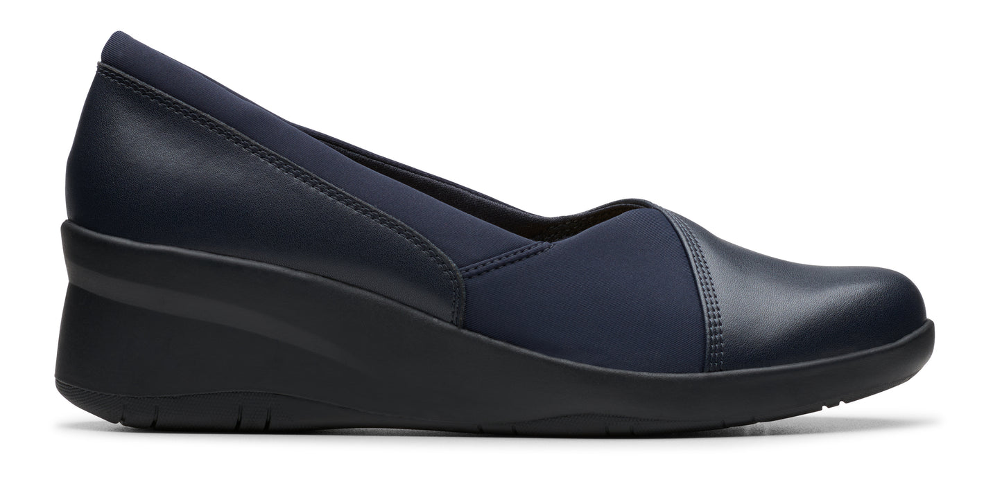 A navy-blue wedge heel shoe.