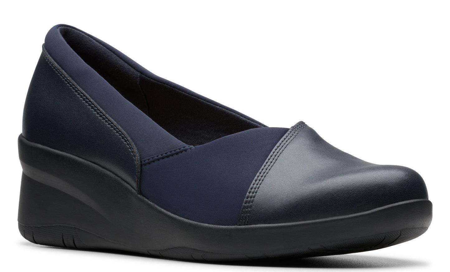 Navy blue wedge shoe with elastic side panel