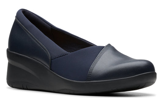 Navy blue wedge shoe with elastic side panel