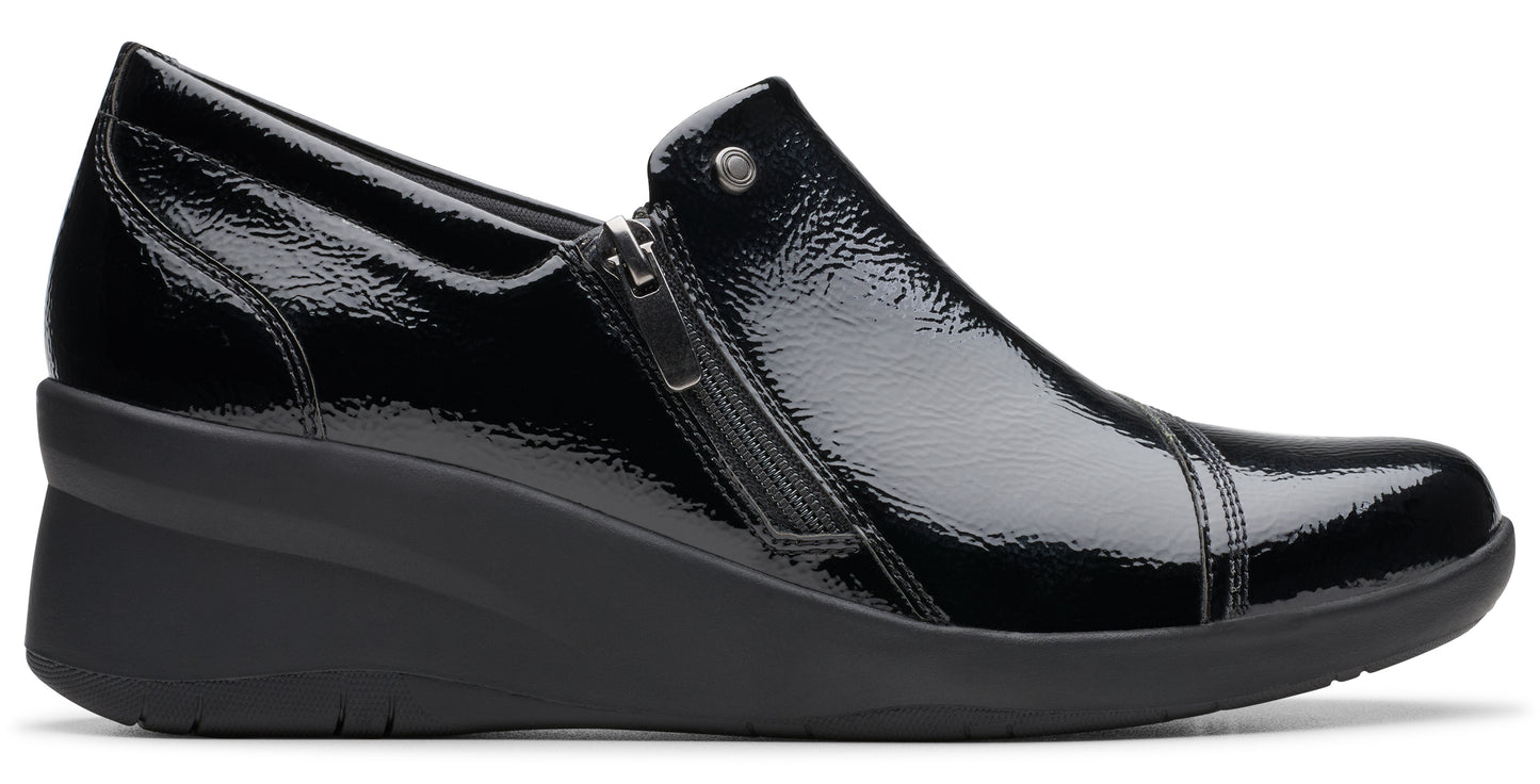 Black shiny wedge loafer with a side zipper.