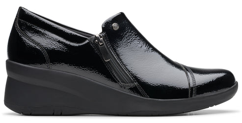 Black shiny wedge loafer with a side zipper.