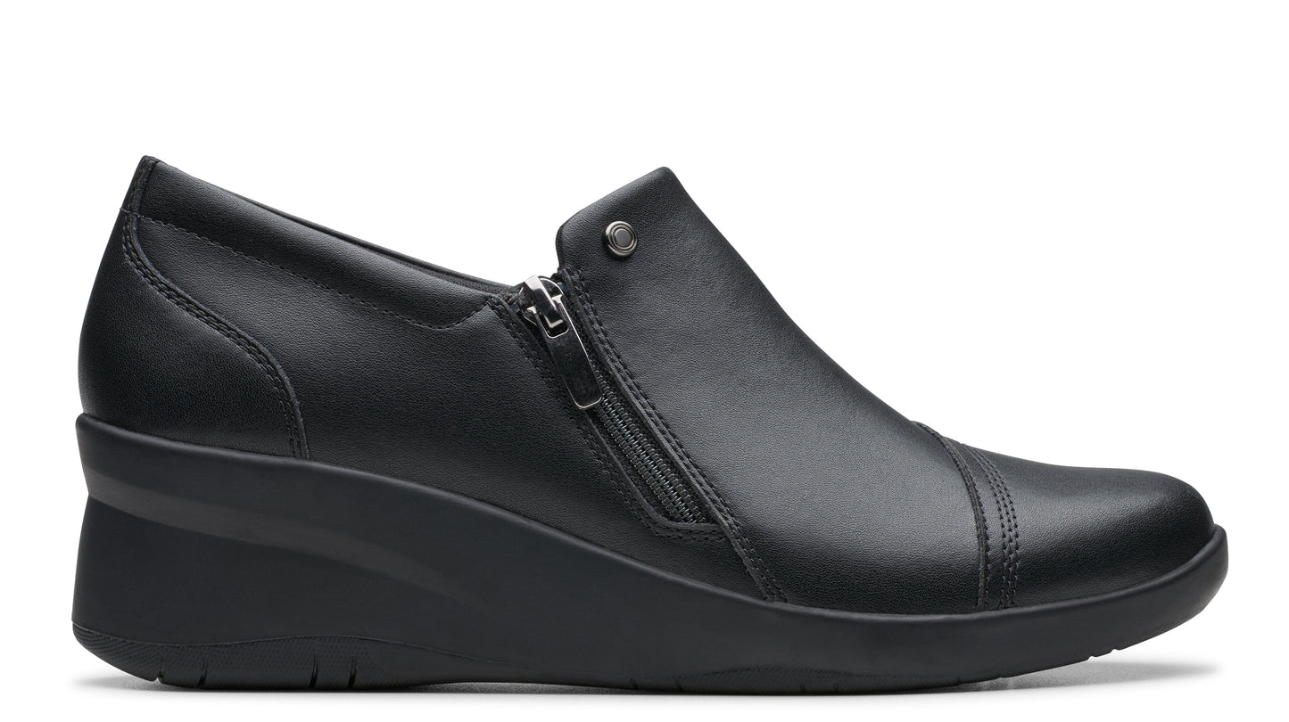 Black leather wedge loafer with a side zipper.