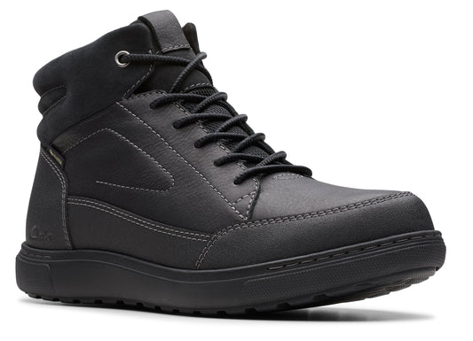 Black ankle boot with laces and visible stitch accents.