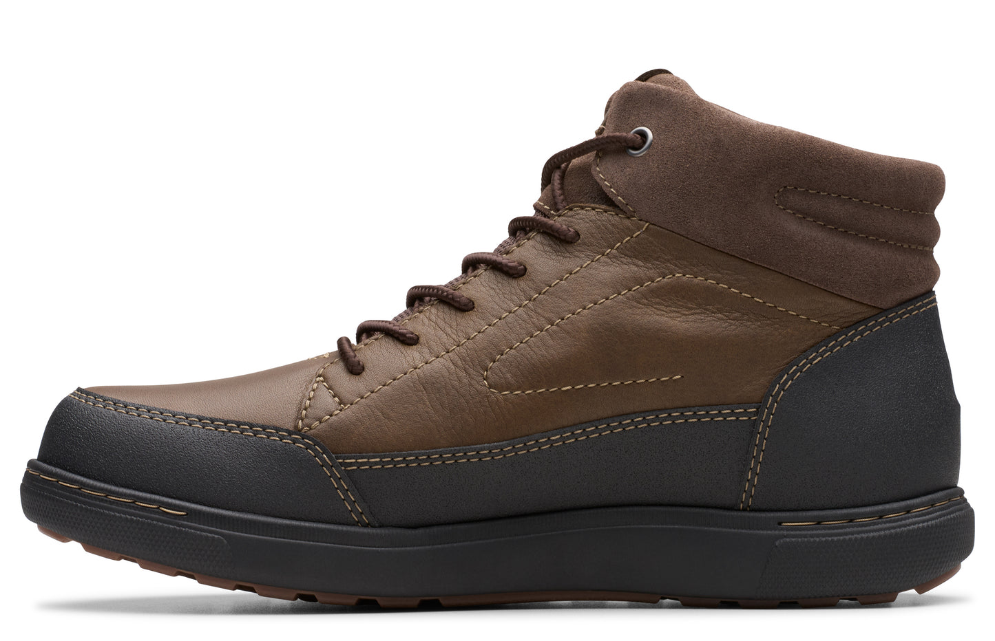 A brown leather high-top boot with a black rubber sole and brown laces.