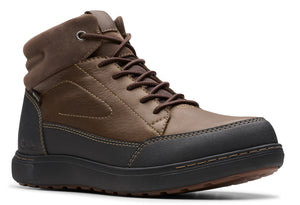 Brown leather and suede ankle boot with dark brown laces and black sole.
