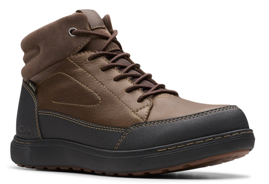 Brown leather and suede ankle boot with dark brown laces and black sole.