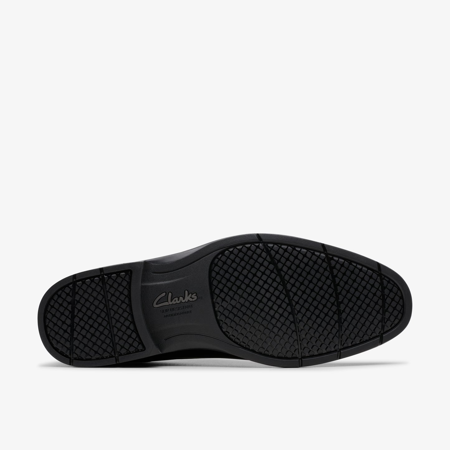 Black shoe sole with "Clarks" text on it.