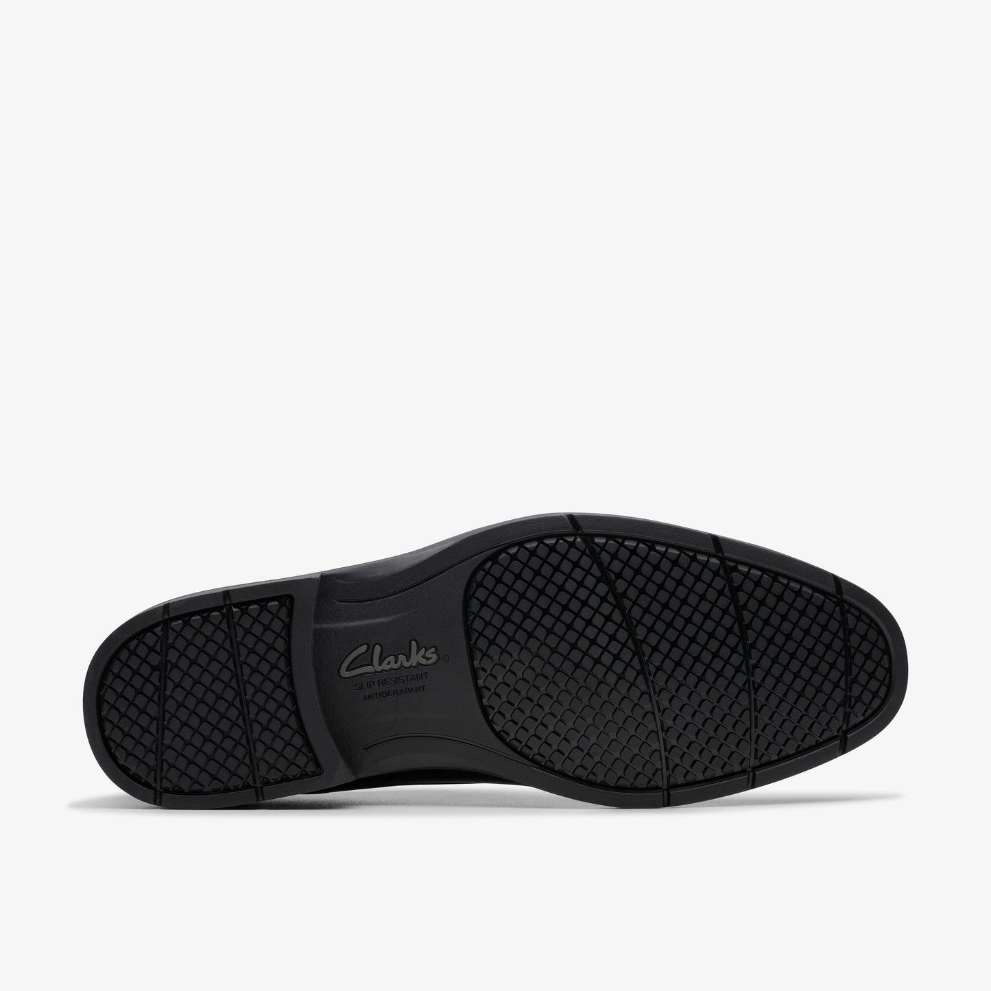 Black shoe sole with textured pattern and "Clarks" text.