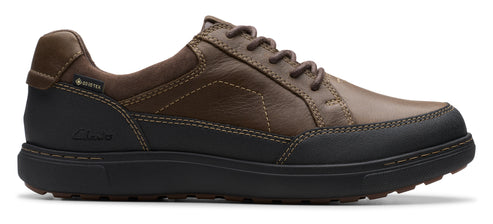 A brown leather shoe with black sole and a GORE-TEX logo.