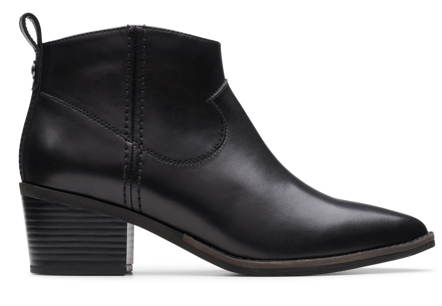 Black leather ankle boot with a block heel and a pull tab.