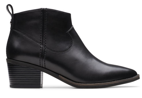 Black leather ankle boot with a block heel and a pull tab.