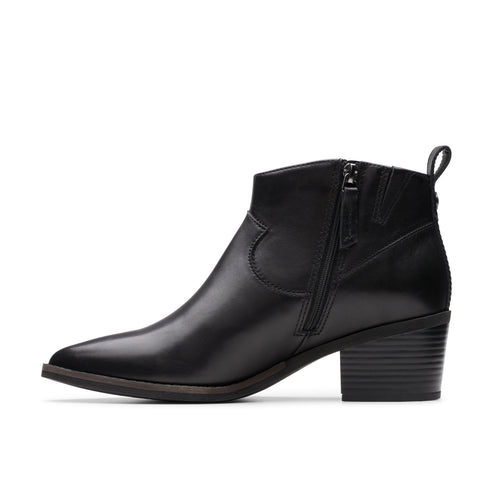 Black leather ankle boot with block heel and side zipper.