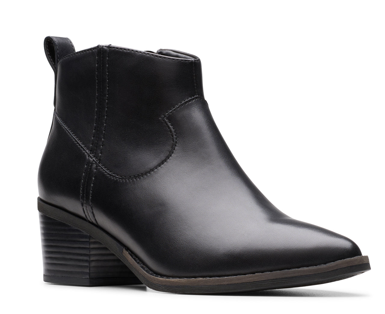 Black leather ankle boot with low block heel and side zipper.