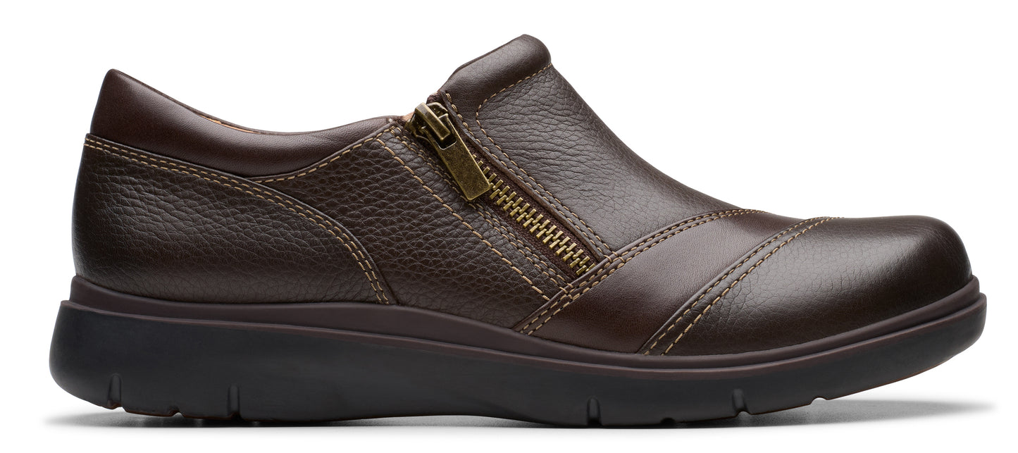 Dark brown leather loafer shoe with side zipper.