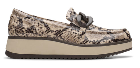A snakeskin-print loafer with a chunky sole and decorative chain.