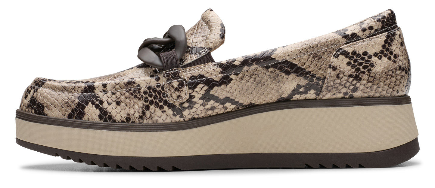 A snakeskin-printed loafer with a chunky sole and a decorative chain.