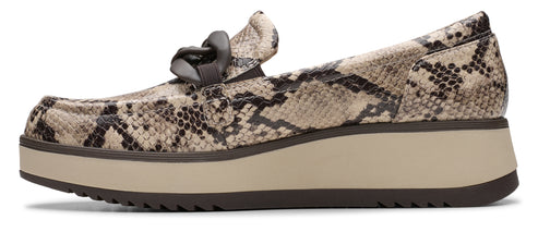 A snakeskin-printed loafer with a chunky sole and a decorative chain.