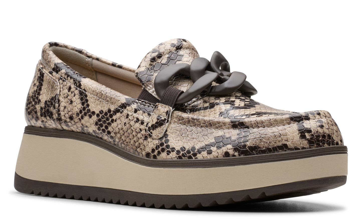 Snake print platform loafer with decorative chain detail.