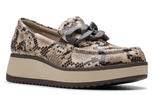 Snake print platform loafer with decorative chain detail.
