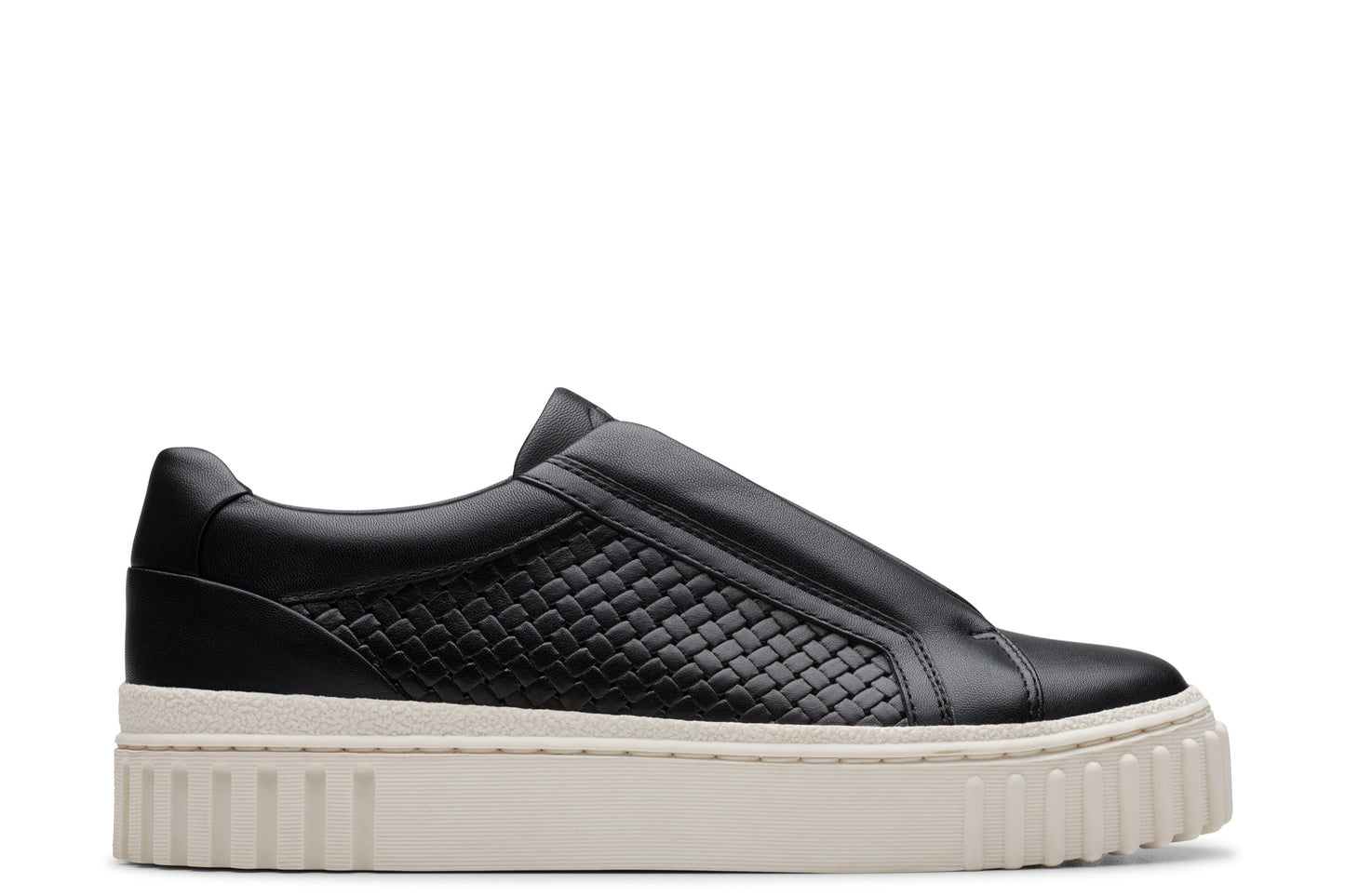 Black slip-on sneaker with woven design and a thick, white sole.