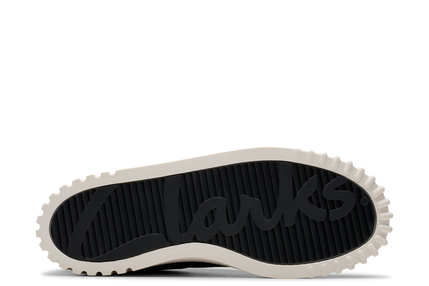 Bottom view of shoe sole with a ridged edge and the word "Clarks" in black.