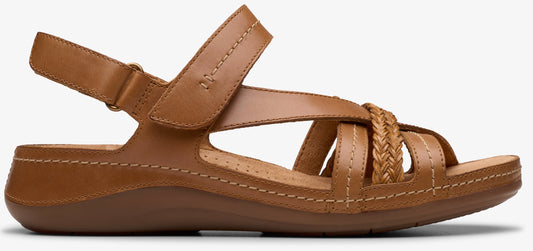 A tan sandal with buckle and interwoven straps.