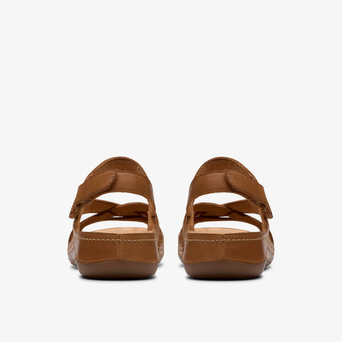 Pair of brown sandals with adjustable straps, rear view.