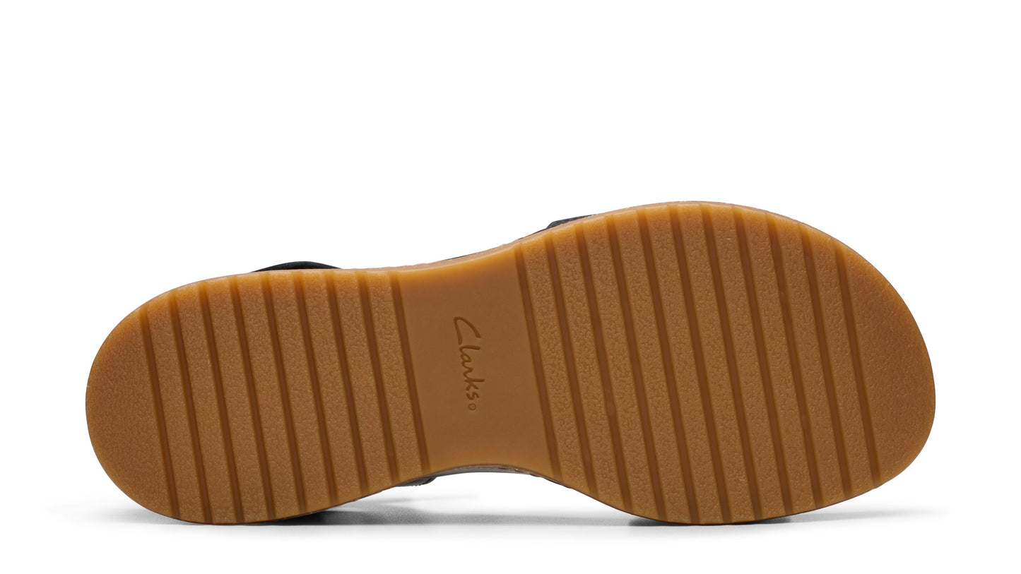 Sandal bottom, showing ridged sole with visible text 'Clarks'.