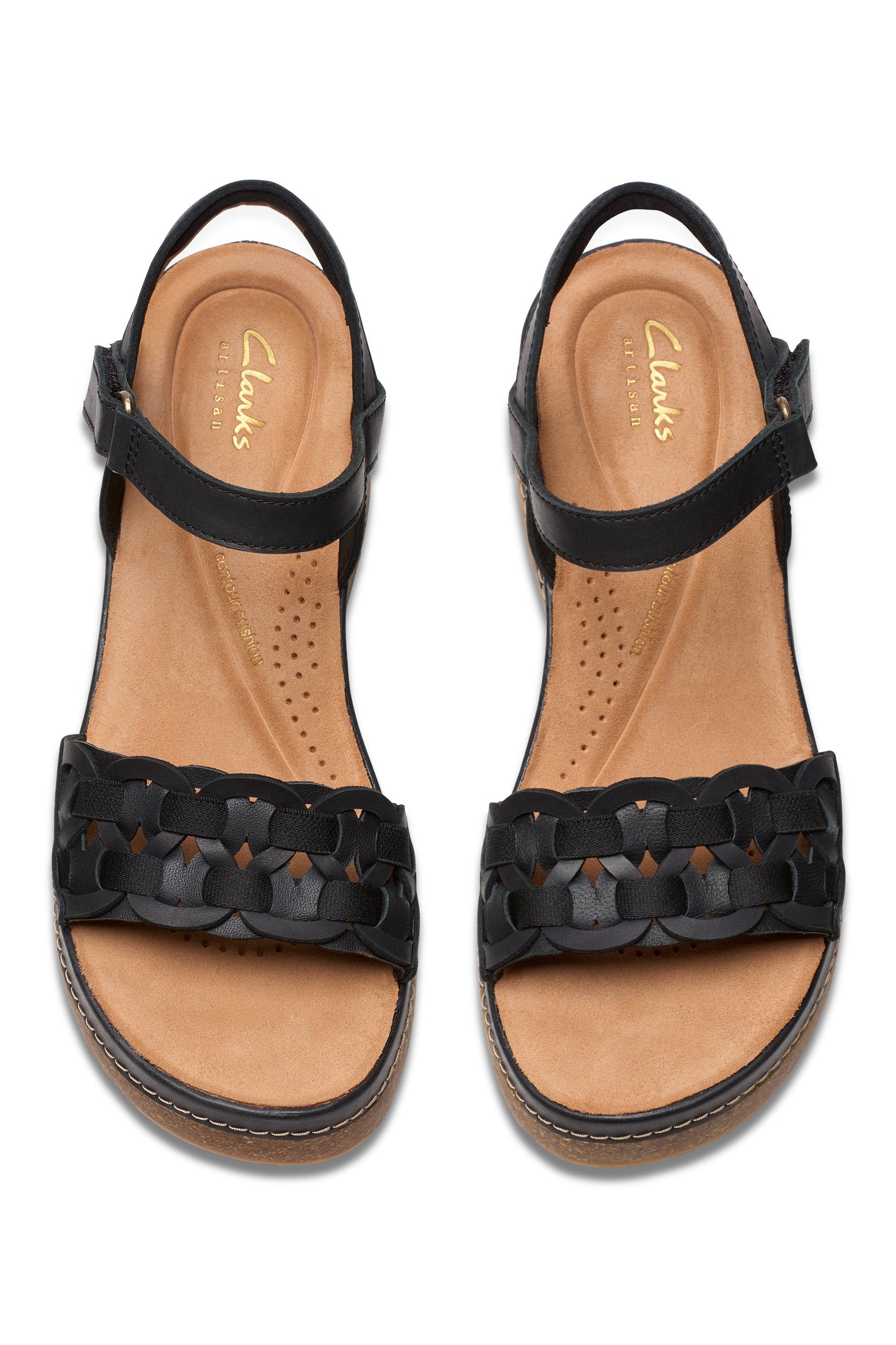 Pair of black sandals with a woven strap and ankle strap with logo on the inner sole.