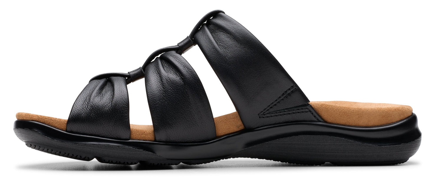 Black slide sandal with gathered leather straps.
