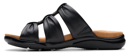 Black slide sandal with gathered leather straps.
