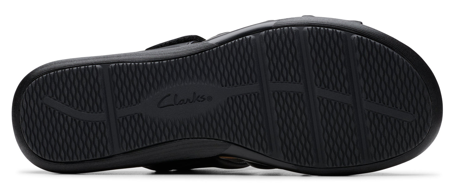 A black shoe sole with the text "Clarks" in the middle.