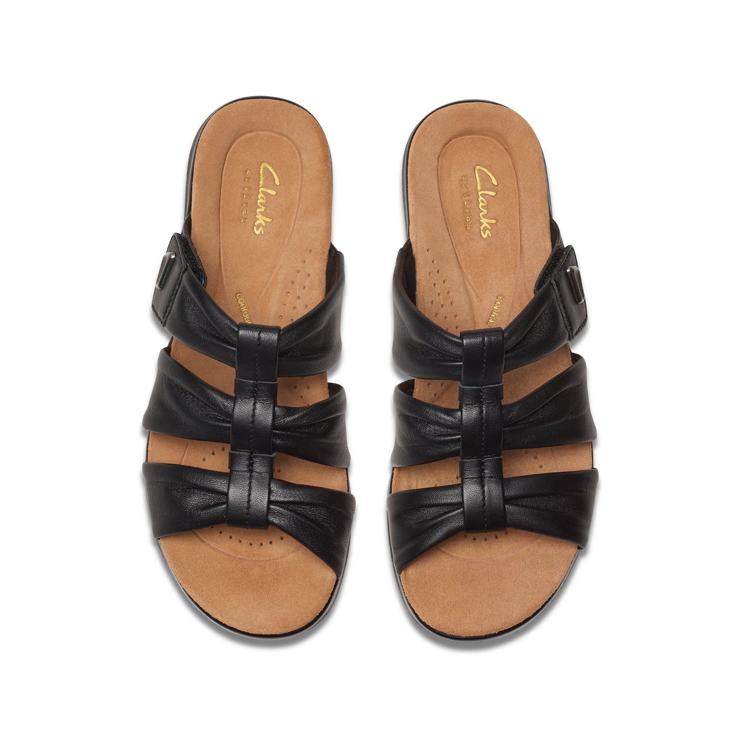 Top-down studio shot of a pair of black leather sandals with three horizontal straps and a buckle.