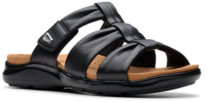 Black leather sandal with multiple straps and adjustable velcro closure.