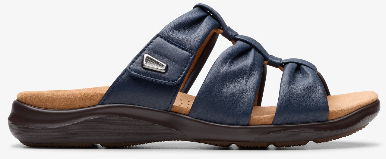 Blue leather sandals with three straps.