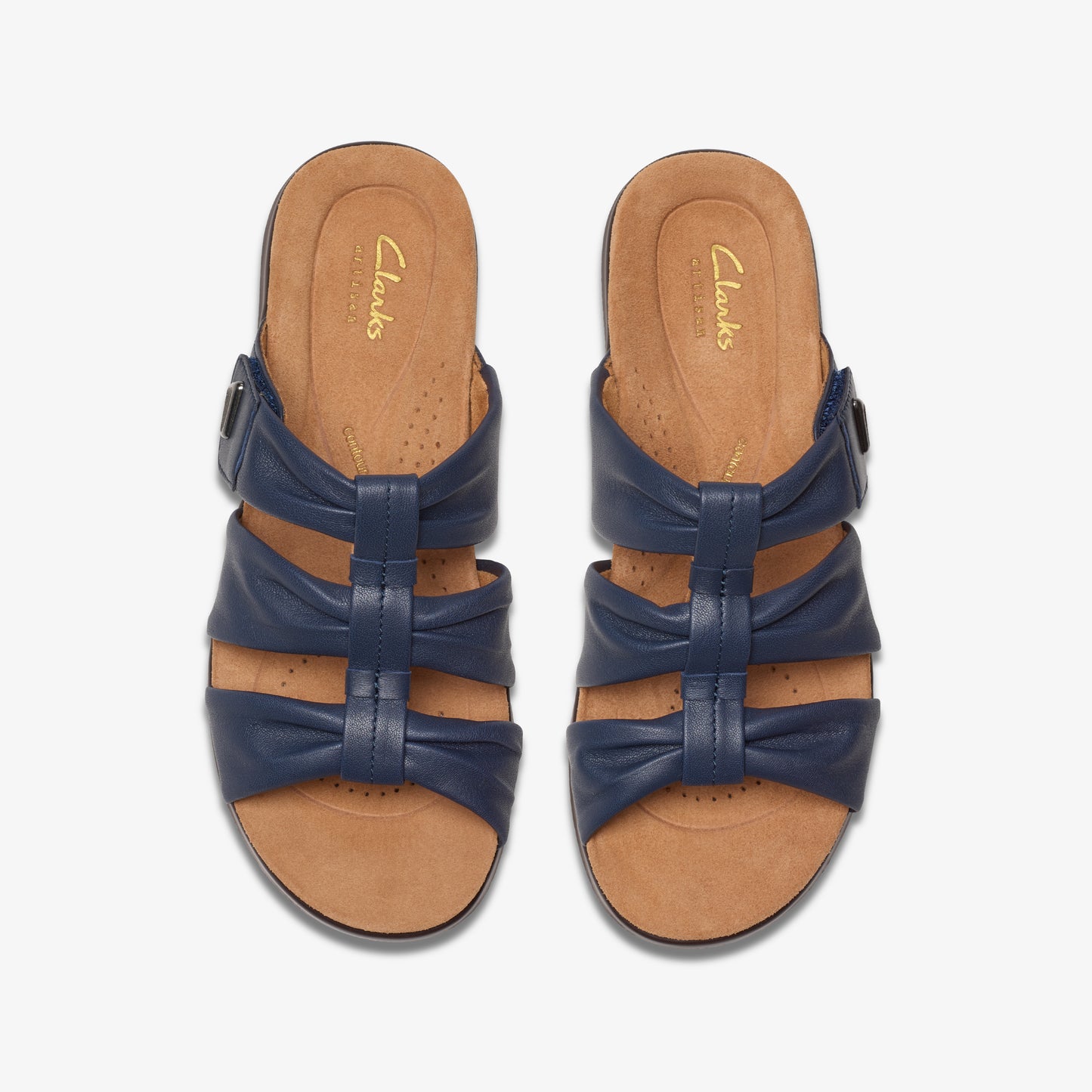 Pair of blue leather sandals with buckled straps on a cork sole.