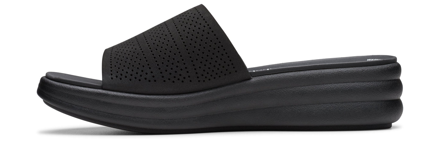 A black sandal slide with a wedge heel.