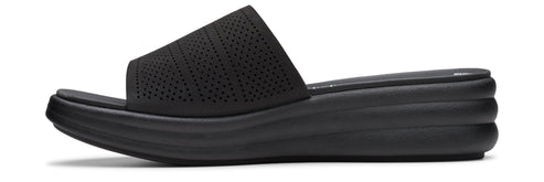 A black sandal slide with a wedge heel.