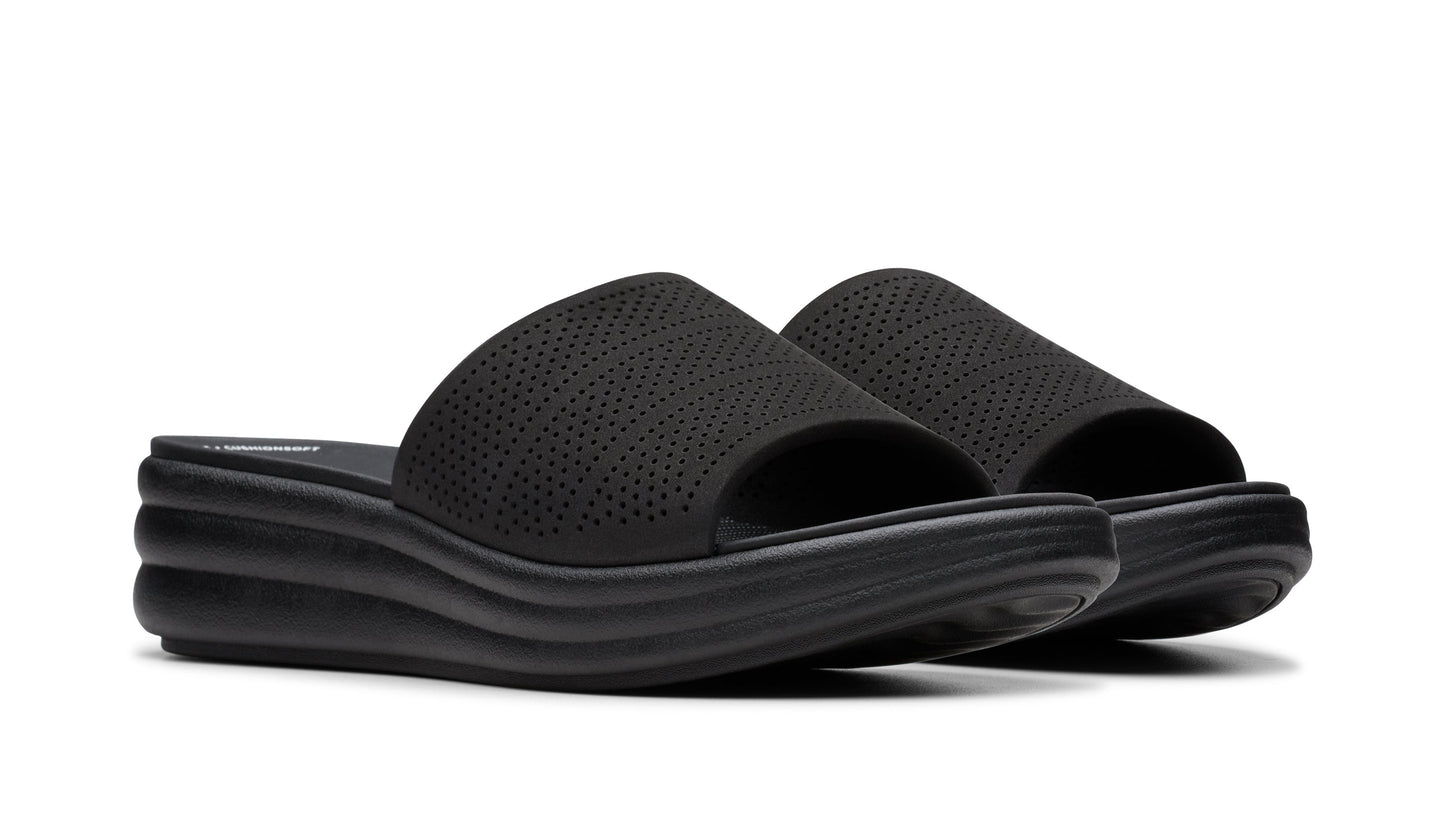 Pair of black wedge sandals with a slide design.
